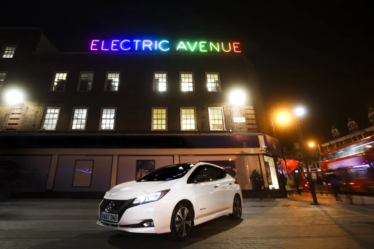 A Nissan Leaf parked at the crossroads of London's first electrified street and one of its most polluted, Electric Avenue and Brixton Road in Lambeth, London, on Jan. 31, 2018. (Charlie Crowhurst/Getty Images for Nissan)