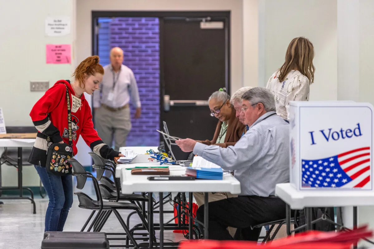 Voters arrive and check in on Super Tuesday at Mt. Moriah Primitive Baptist Church, Precinct 11 Mecklenburg County, on March 5, 2024, in Charlotte, North Carolina. (Grant Baldwin/Getty Images)