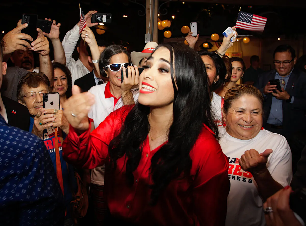 Mayra Flores (C) speaks to supporters after winning the Texas 34th Congressional District special election, in San Benito, Texas, on June 14, 2022. (Bobby Sanchez for The Epoch Times)