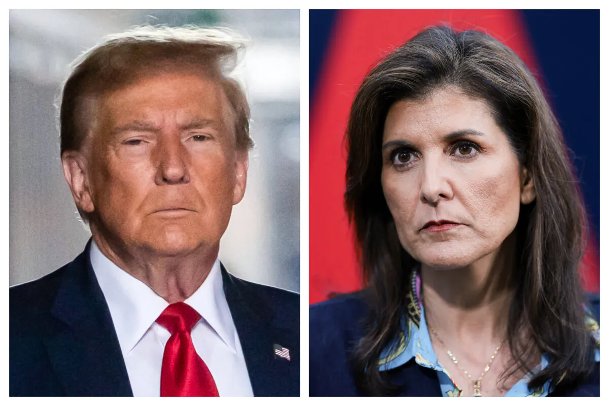 (Left) Former US President Donald Trump in New York City on Feb. 15, 2024. (Right)  Republican presidential candidate former U.N. Ambassador Nikki Haley at Irmo Town Park in Irmo, S,C., on Feb. 17, 2024. (Win McNamee/Getty Images; Yuki Iwamura/AFP via Getty Images)