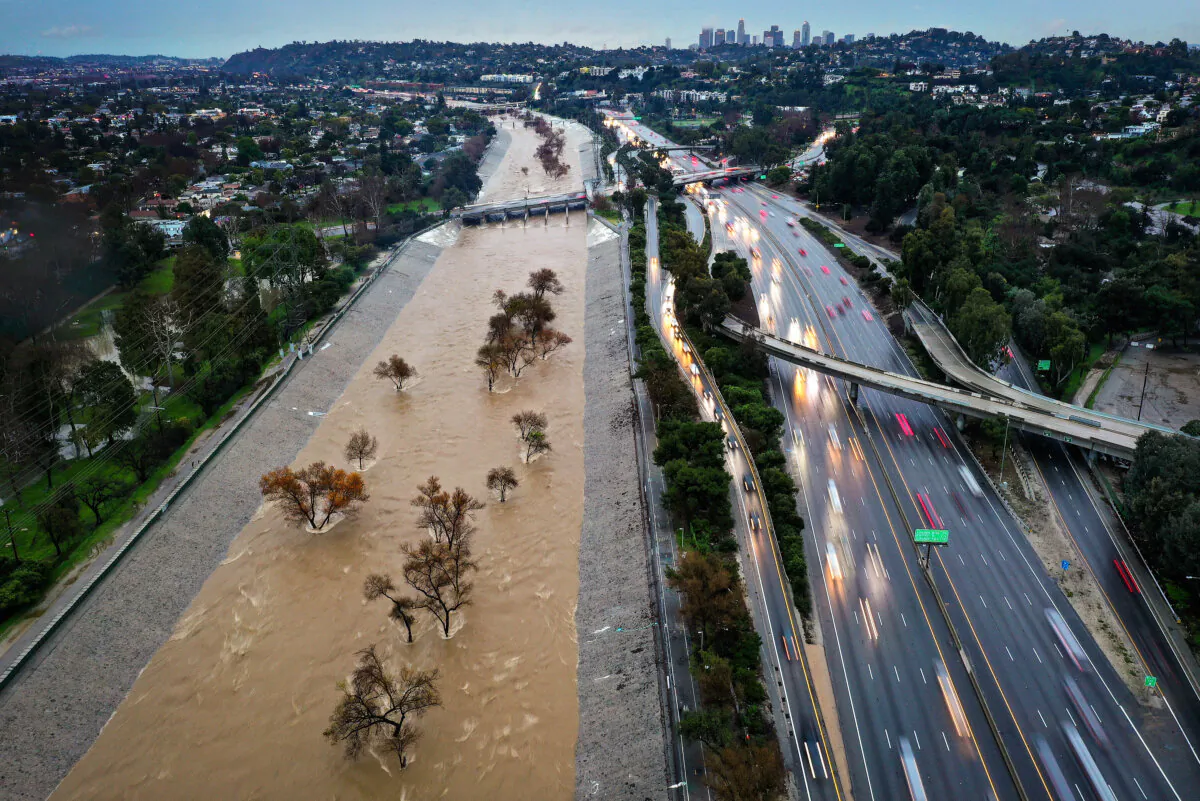 An aerial view of the Los Angeles River swollen by storm runoff, in Los Angeles on Feb. 5, 2024. (Mario Tama/Getty Images)