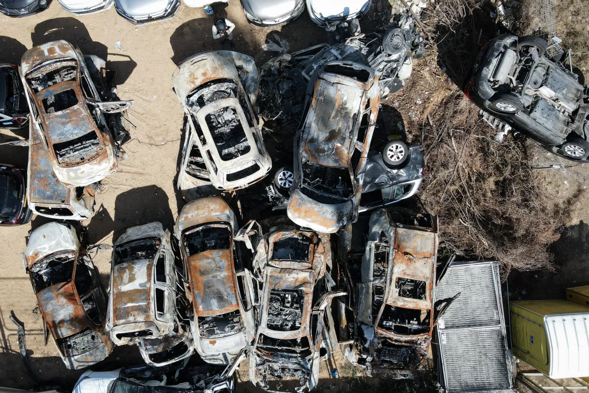 Damaged and burnt cars in the southern Israeli city of Sderot, following the Oct. 7 attack by Gaza-based Hamas terrorists in this aerial view taken on Oct. 17, 2023 .(Jack Guez/AFP via Getty Images)