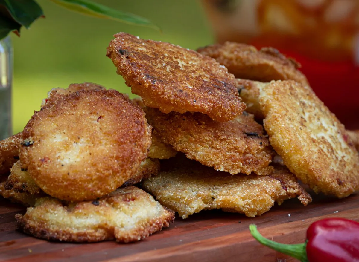 Frying in oil gives this cornbread a crispy exterior and a creamy interior. (Courtesy of Stacy Lyn Harris)