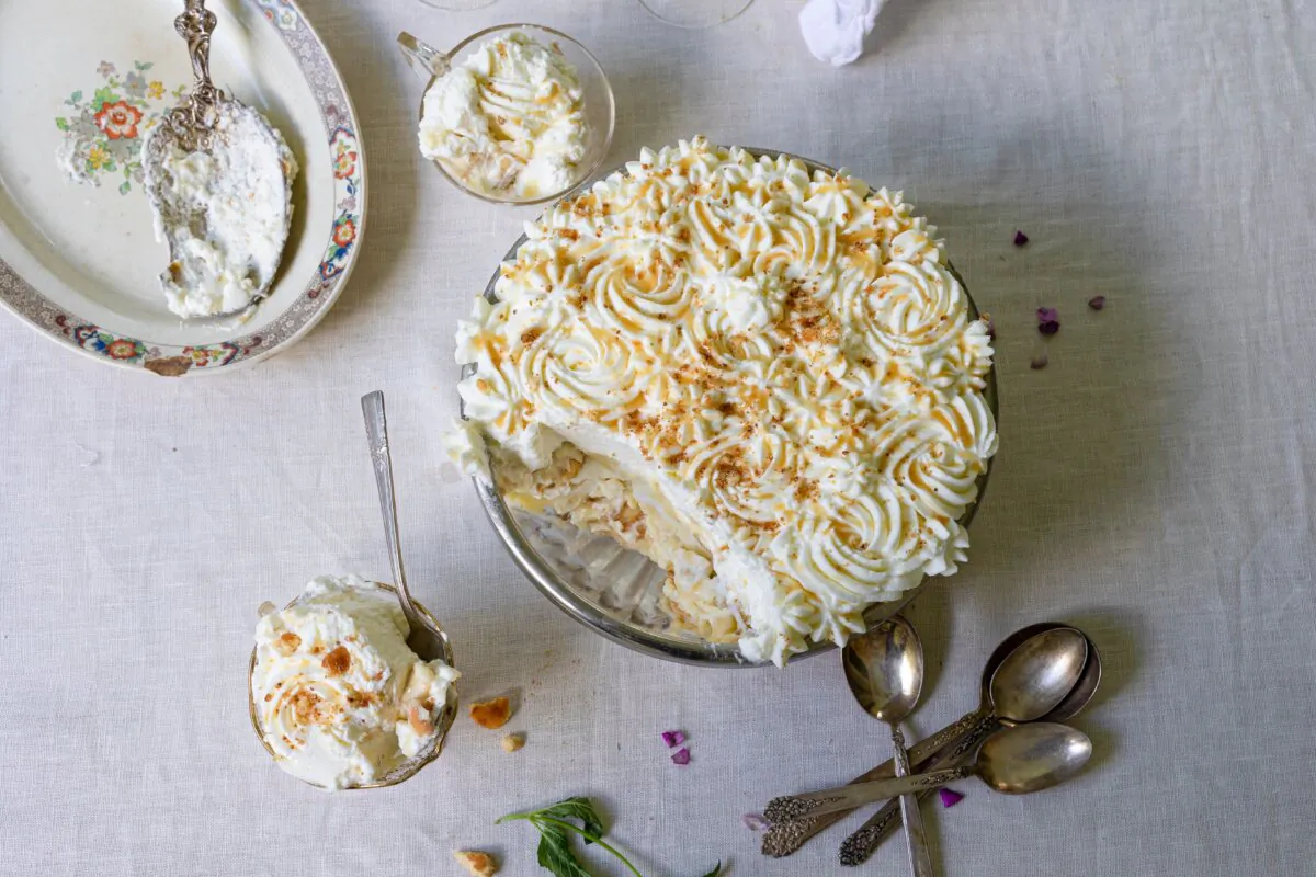 Whipped cream wins out as the topping on this banana pudding, complete with crushed wafers. (Courtesy of Stacy Lyn Harris)