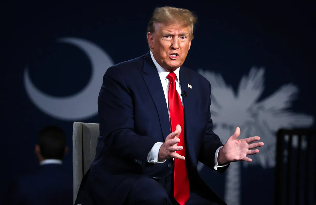 Donald Trump speaks during a Fox News town hall at the Greenville Convention Center in Greenville, S. C., on Feb. 20, 2024. (Justin Sullivan/Getty Images)