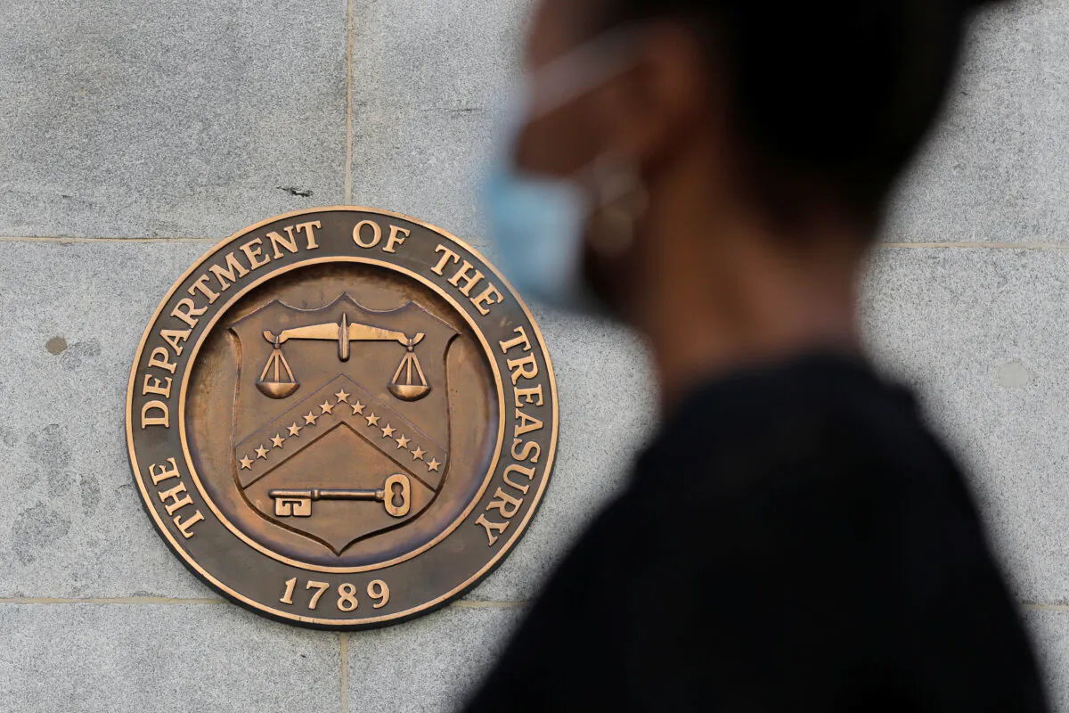 Signage is seen at the United States Department of the Treasury headquarters in Washington on Aug. 29, 2020. (Andrew Kelly/Reuters)