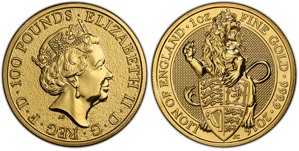 Queen's Beast Lion of England 1 oz. 24kt Gold, the inaugural edition of the Queen’s Beast series from the Royal Mint on May 16, 2020.
(FairMarketValue Gold/ Courtesy of PCGS Photograde)
