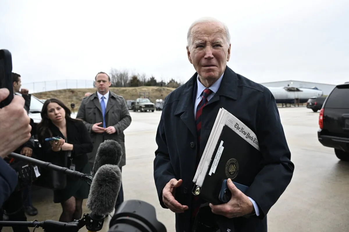 President Joe Biden speaks to reporters before boarding Air Force One at Hagerstown Regional Airport in Md., on March 5, 2024. (Mandel Ngan/AFP via Getty Images)