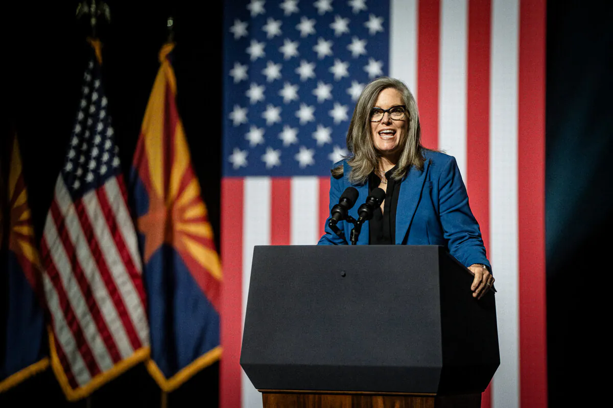 Arizona Gov. Katie Hobbs delivers remarks at the Tempe Center for the Arts in Tempe, Ariz., on Sept. 28, 2023. (Rebecca Noble/Getty Images)