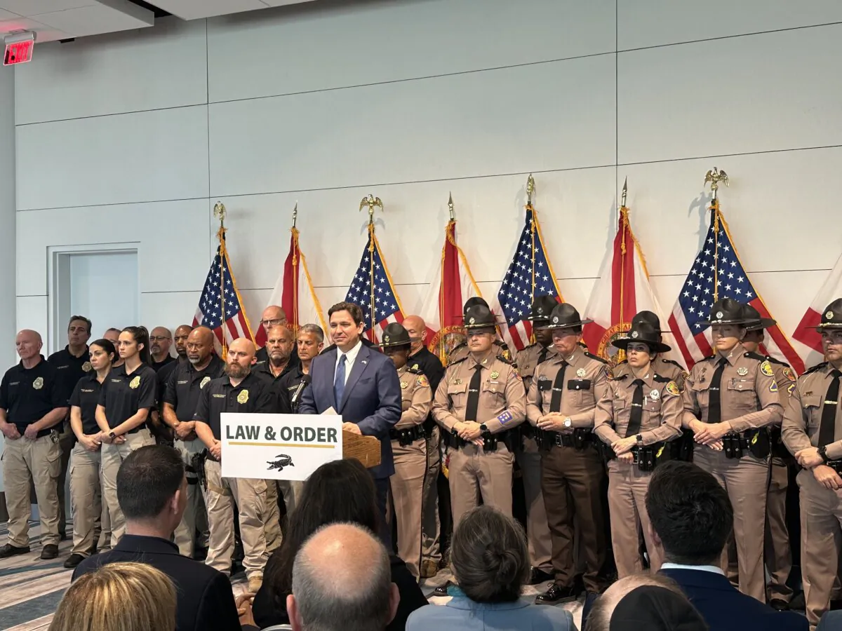 Florida Gov. Ron DeSantis speaks about efforts to tamp down spring break lawlessness during a press conference in Miami Beach on March 5, 2024. (Nanette Holt/The Epoch Times)