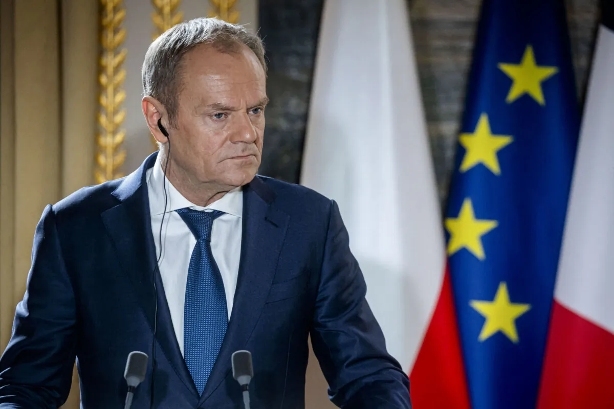Polish Prime Minister Donald Tusk attends a joint news conference with French President Emmanuel Macron (not pictured) as part of their meeting at the Élysée Palace in Paris on Feb. 12, 2024. (Christophe Petit Tesson/Reuters)
