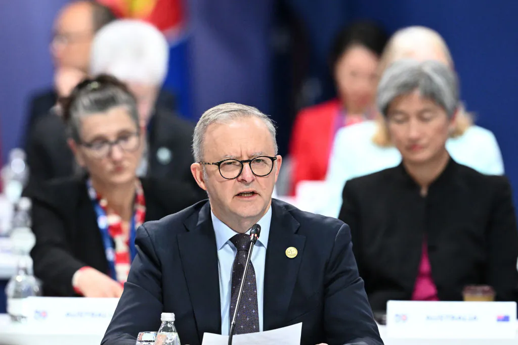 Australian Prime Minister Anthony Albanese addresses the Leaders' Plenary during the 2024 ASEAN-Australia Special Summit at the Convention and Exhibition Centre in Melbourne, Australia on March 6, 2024. (Joel Carrett/Pool/AFP via Getty Images)