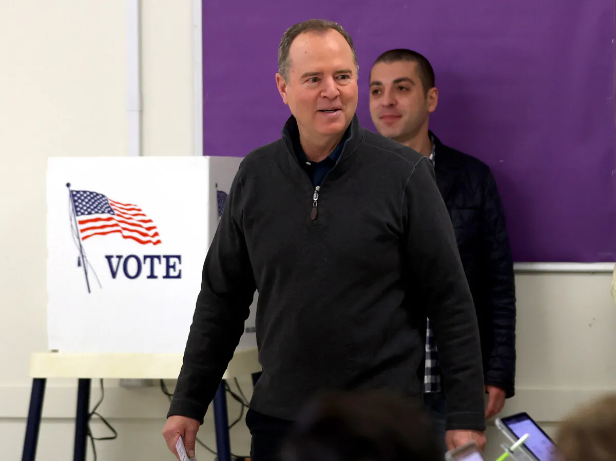 Democratic Senate candidate U.S. Rep. Adam Schiff (D-Calif.) arrives at a polling station to vote in Burbank, Calif., on March 5, 2024. (Justin Sullivan/Getty Images)