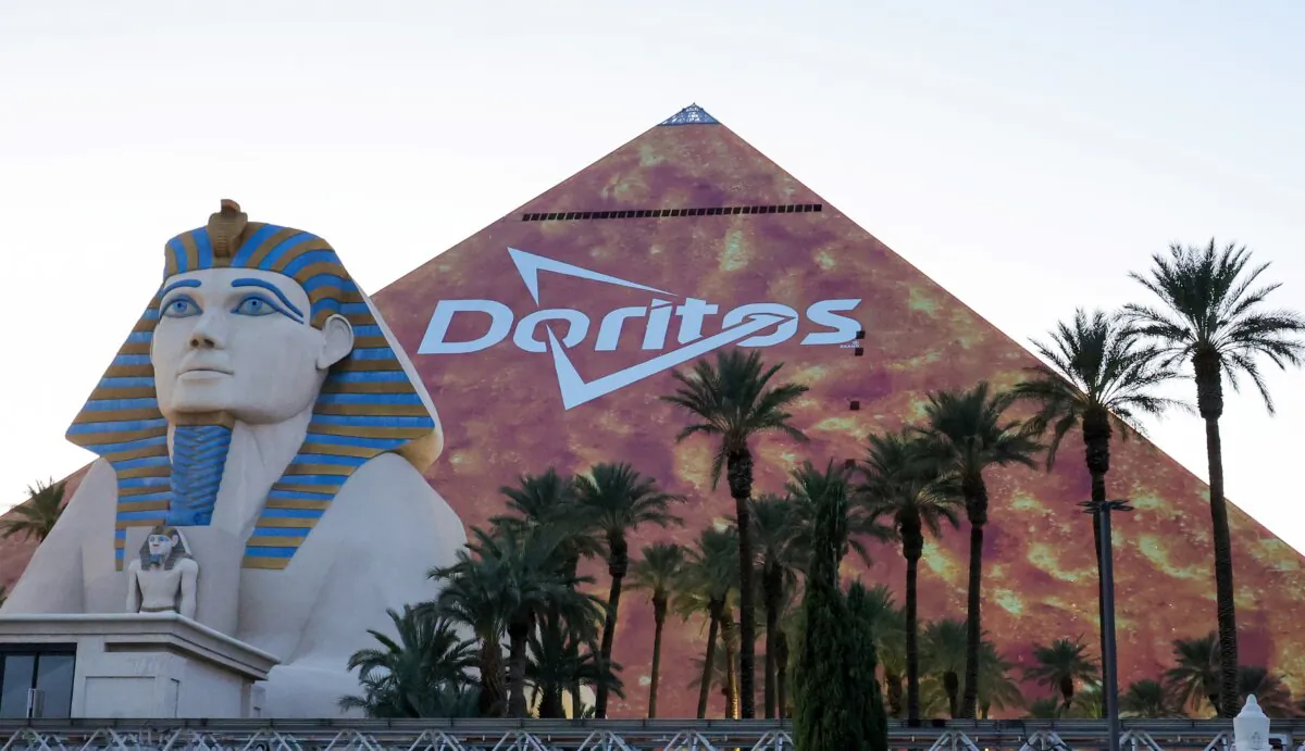 The triangular side of Luxor Hotel and Casino is covered in an advertisement for Doritos in Las Vegas on Jan. 30, 2024. (Ethan Miller/Getty Images)