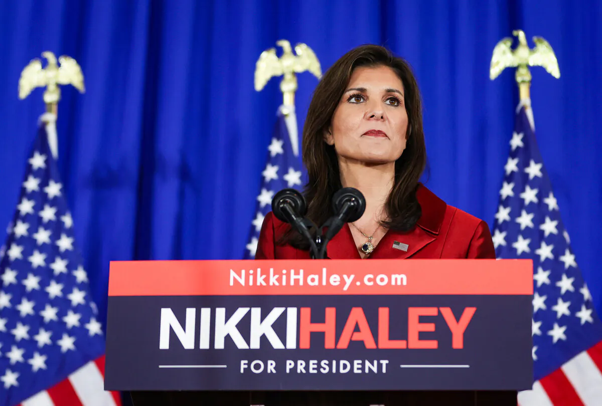 Republican presidential candidate, former U.N. Ambassador Nikki Haley, speaks during her primary election night gathering at The Charleston Place in Charleston, S.C., on Feb. 24, 2024. (Justin Sullivan/Getty Images)