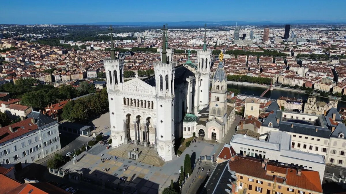 Notre-Dame de Fourvière basilica was constructed on Fourvière hill, a highpoint of Lyon, where the city can be seen in many directions, especially from the north tower. Mont Blanc, Europe’s highest mountain, can also be seen on a cloudless day. (clemMtravel)