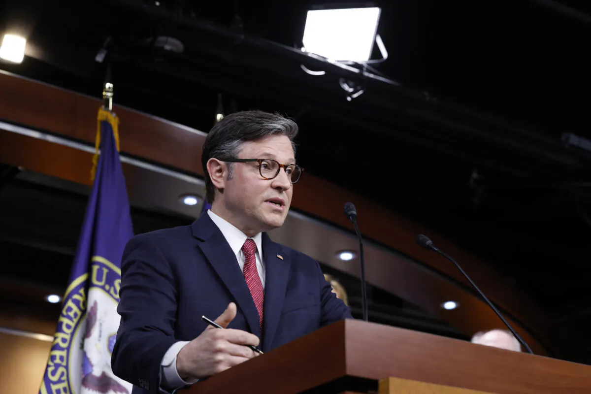 Speaker of the House Mike Johnson (R-La.) speaks during a news conference with House Republican leadership in Washington on Feb. 29, 2024. (Anna Moneymaker/Getty Images)