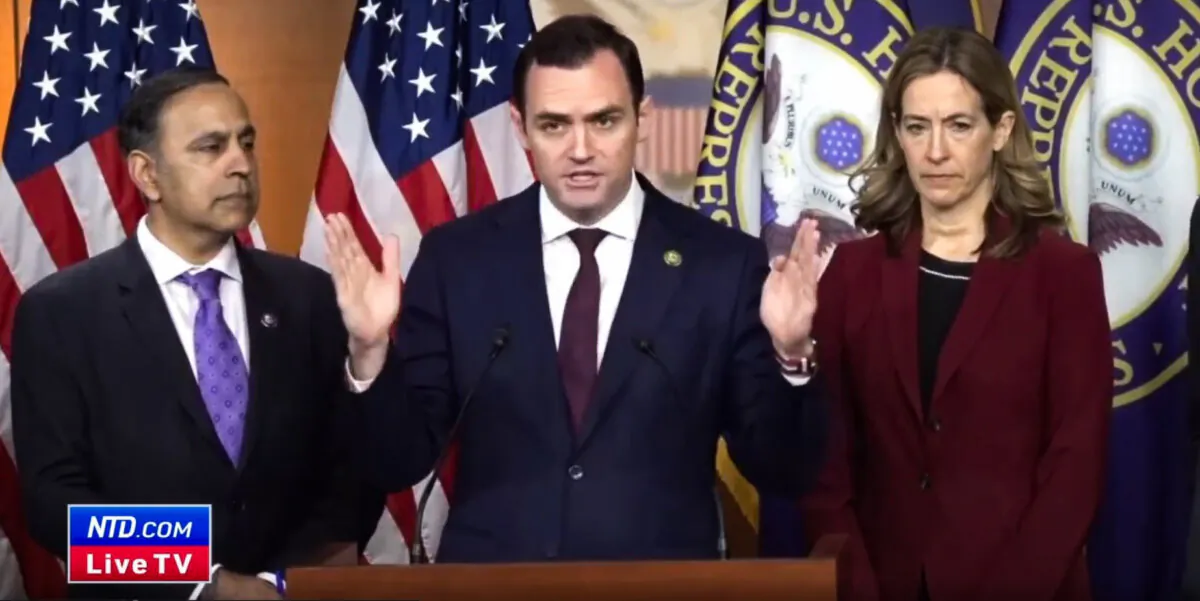 Rep. Mike Gallagher (R-Wis.) is speaking during the hearing of the House Select Committee in Washington on March 6, 2024, in a still from video. (The Select Committee on the CCP/ Screenshot via NTD)