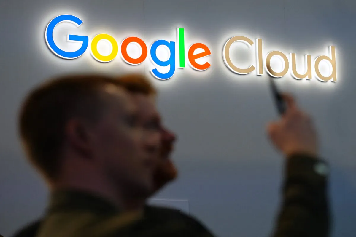 Google Cloud's logo at the Mobile World Congress, the telecom industry's biggest annual gathering, in Barcelona, Spain, on Feb. 27, 2024. (Pau Barrena/AFP via Getty Images)