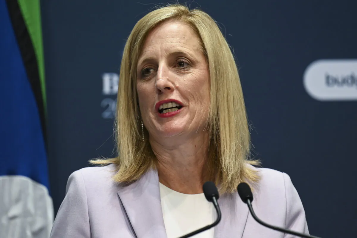 Australian Finance and Women Minister Katy Gallagher holds a press conference at Parliament House in Canberra, Australia, on May 9, 2023. (Martin Ollman/Getty Images)