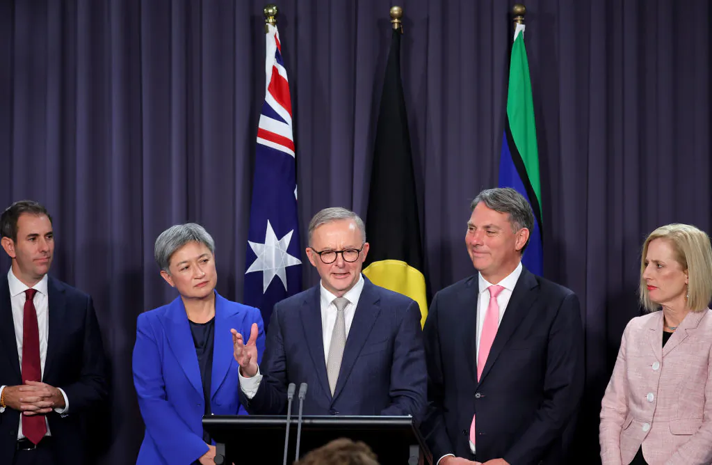 Prime Minister Anthony Albanese (C) speaks as he stands next to (L-R) Jim Chalmers, Penny Wong, Richard Marles, and Katy Gallagher during a press conference at Parliament House in Canberra, Australia on May 23, 2022. (David Gray/Getty Images)
