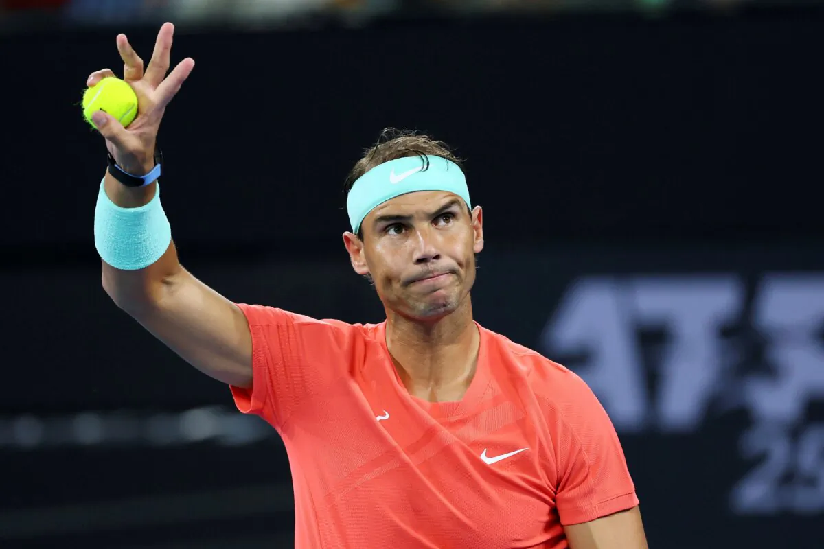 Rafael Nadal of Spain waves to the crowd in his match against Dominic Thiem of Austria during the Brisbane International tennis tournament in Brisbane, Australia, on Jan. 2, 2024. (Tertius Pickard/AP Photo)