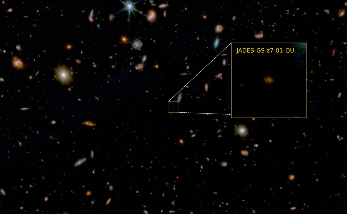 A false-color image obtained by the James Webb Space Telescope (JWST) shows the galaxy JADES-GS-z7-01-QU, the universe?s earliest-known "dead" galaxy, in this undated handout picture obtained by Reuters. (Jades Collaboration/ Reuters)