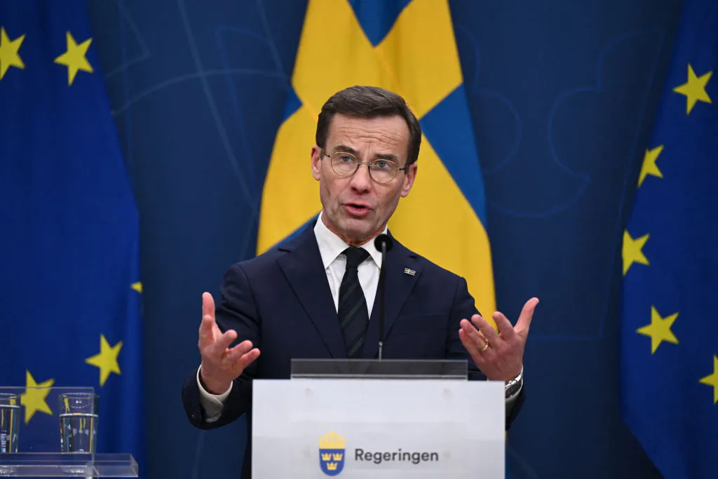 Sweden's Prime Minister Ulf Kristersson attends a press conference after Hungary's parliament voted 'yes' to ratify Sweden's NATO accession, in Stockholm, Sweden, on Feb. 26, 2024. (Jonathan Nackstrand/AFP via Getty Images)