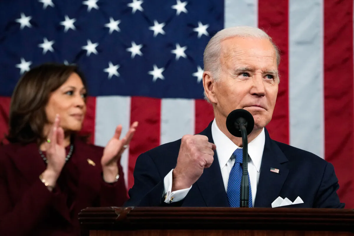 Vice President Kamala Harris applauds as President Joe Biden delivers the State of the Union address in the House Chamber of the U.S. Capitol on Feb. 7, 2023. (Jacquelyn Martin/POOL/AFP via Getty Images)