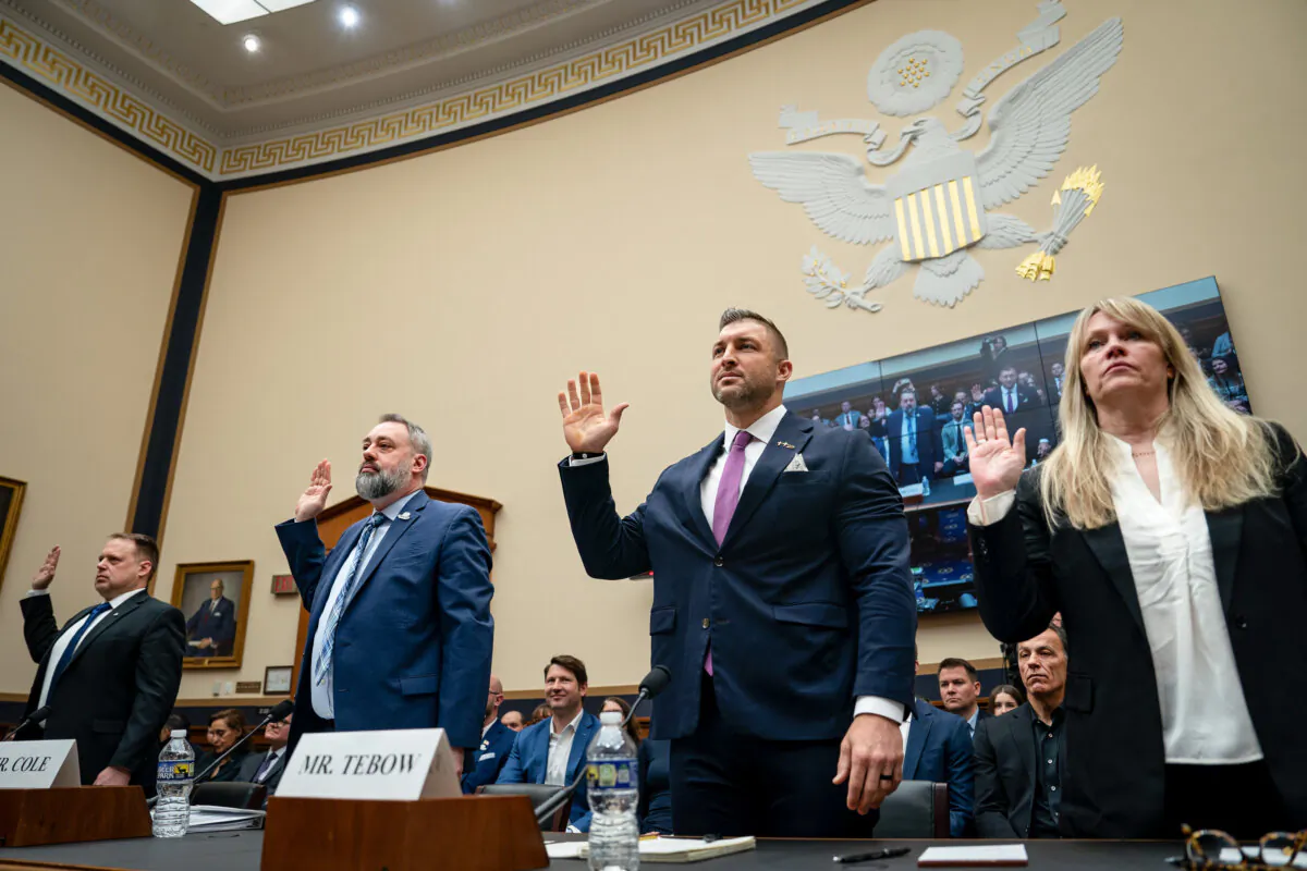 Witnesses John Madsen, Jim Cole, Tim Tebow, and Camille Cooper are sworn in before testifying in front of the House Judiciary Subcommittee on Crime and Federal Government Surveillance on Capitol Hill, on March 6, 2024. (Kent Nishimura/Getty Images)