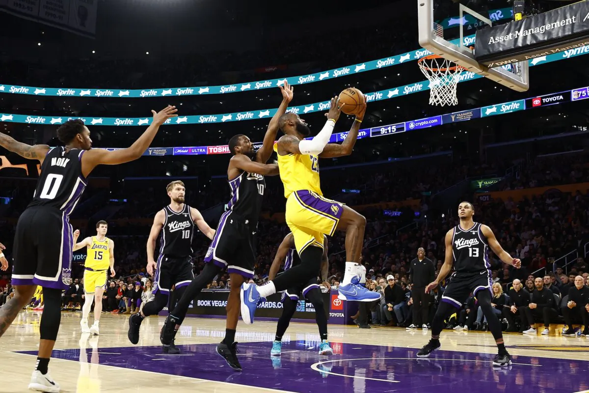 LeBron James (23) of the Los Angeles Lakers in Los Angeles on March 6, 2024.  (Ronald Martinez/Getty Images)