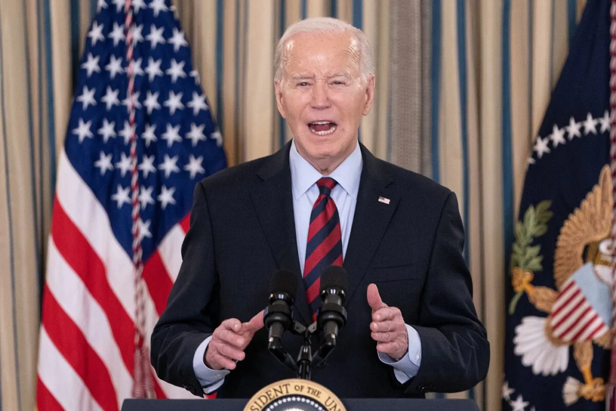 President Joe Biden speaks during a meeting with his Competition Council in the State Dining Room of the White House on March 5, 2024. (Nathan Howard/Getty Images)