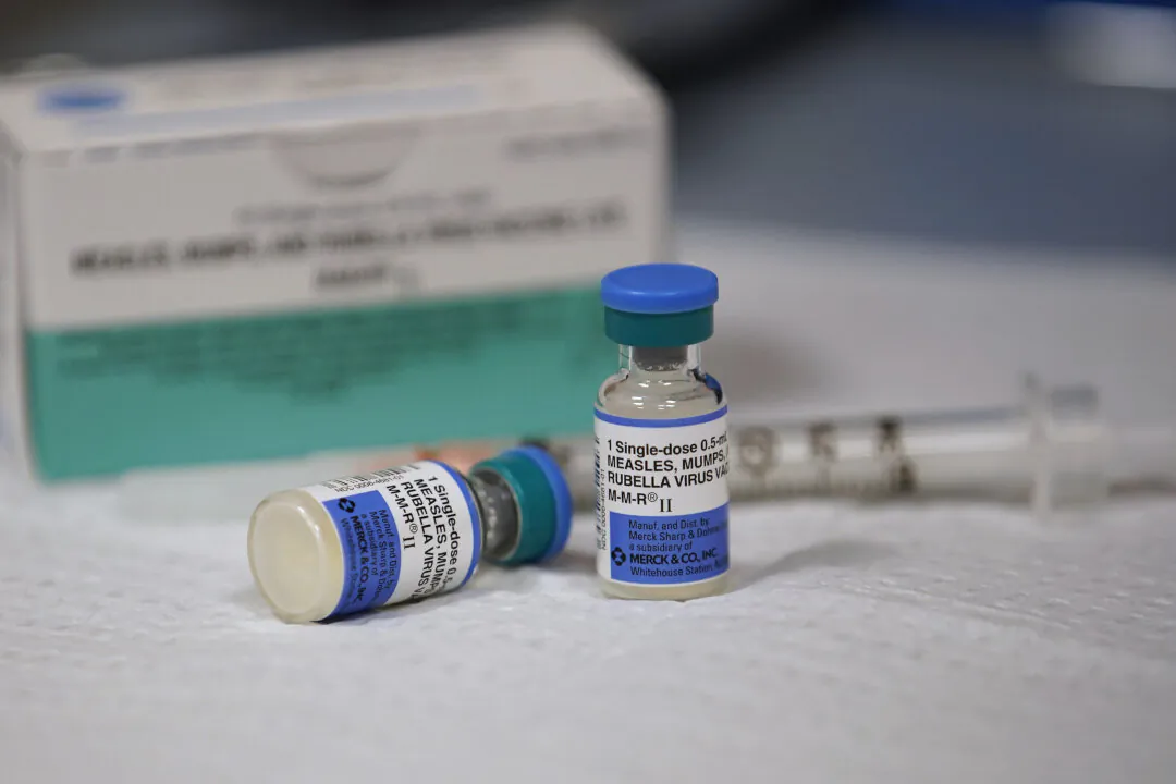 A 10 pack and one dose bottles of measles, mumps, and rubella virus vaccine sit on a counter at the Salt Lake County Health Department in Utah on April 26, 2019. (George Frey/Getty Images)