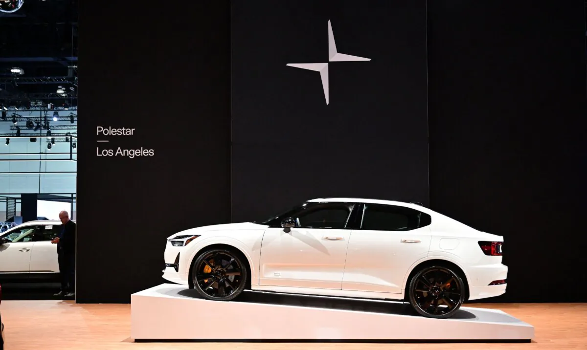 The Polestar 2 BST edition 270 electric vehicle on display at the 2022 Los Angeles Auto Show in Los Angeles, California, on Nov. 17, 2022. (Frederic J. Brown/AFP via Getty Images)