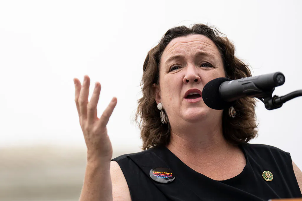 Rep. Katie Porter, D-Calif., speaks during a small rally in front of the U.S. Supreme Court calling for ethics reform on the High Court in Washington, D.C., on June 22, 2023. (Drew Angerer/Getty Images)
