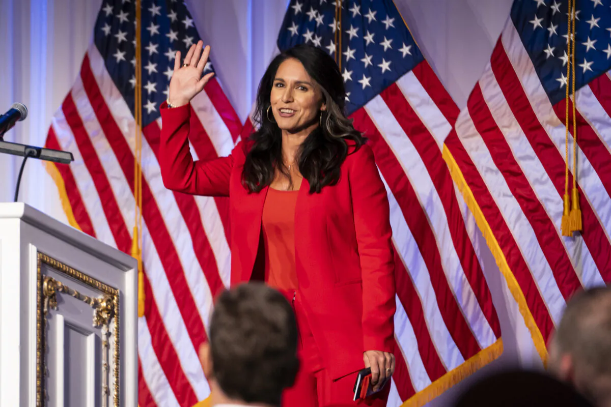 Former congresswoman Tulsi Gabbard speaks at a 917 Society event at the Mar-a-Lago Club in Palm Beach, Fla., on March 7, 2024. (Madalina Vasiliu/The Epoch Times)