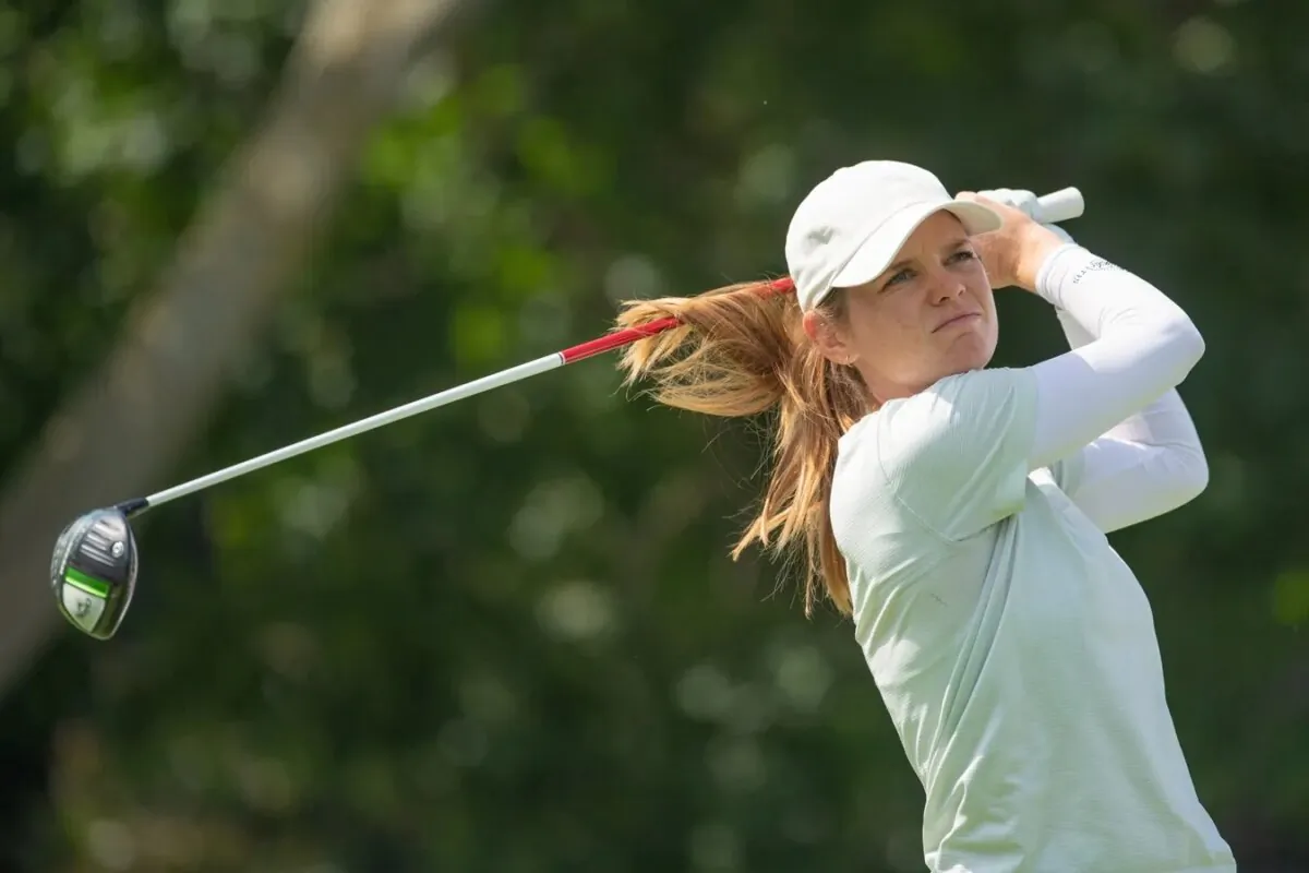 Sarah Schmelzel from the United States tees off during the first round of the CP Women's Open golf tournament in Ottawa, Ontario, Canada, on Aug. 25, 2022. (Marc DesRosiers/USA TODAY Sports via Field Level Media)