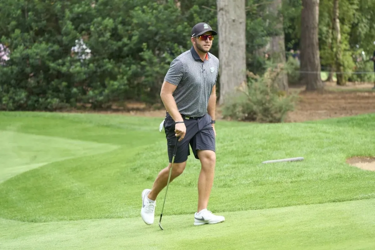 Dean Burmester (ZAF) approaches the 3rd green during the second round of the LIV Golf London golf tournament at Centurion Club in Hertfordshire, England, on July 8, 2023. (Peter van den Berg/USA TODAY Sports via Field Level Media)