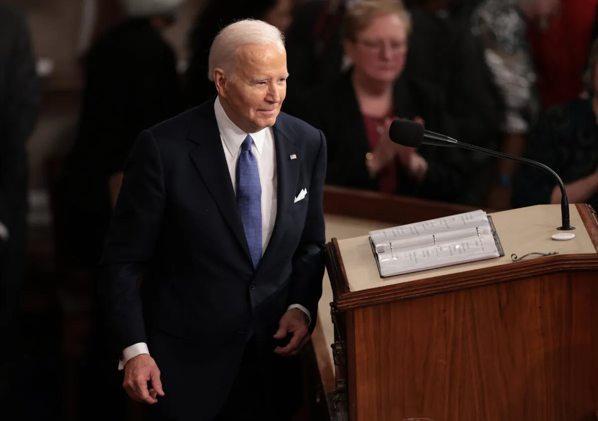 President Joe Biden departs after delivering the State of the Union address during a joint meeting of Congress in the House chamber at the U.S. Capitol in Washington on March 7, 2024. (Win McNamee/Getty Images)