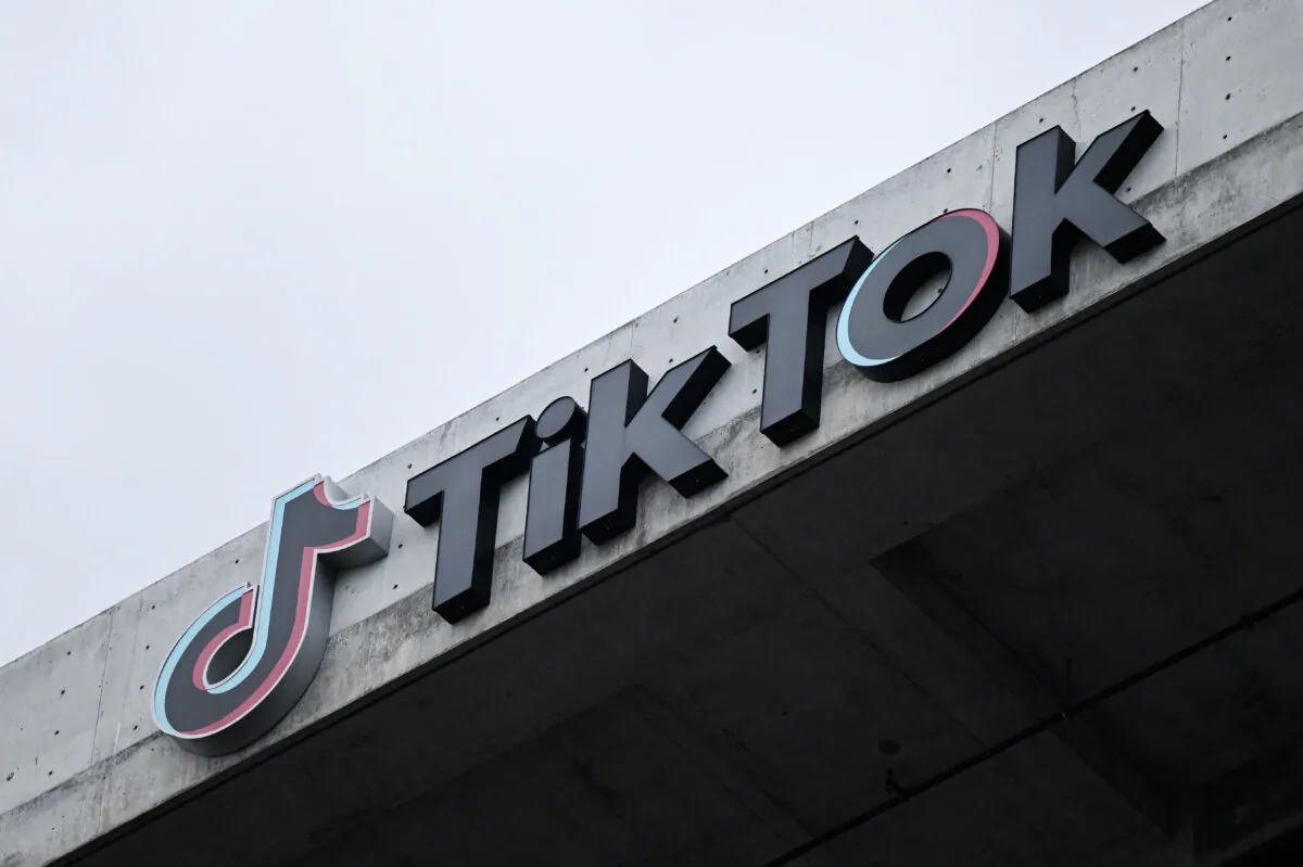 The TikTok logo is displayed on signage outside the TikTok social media app company offices in Culver City, Calif., on March 16, 2023. (Patrick T. Fallon/AFP via Getty Images)