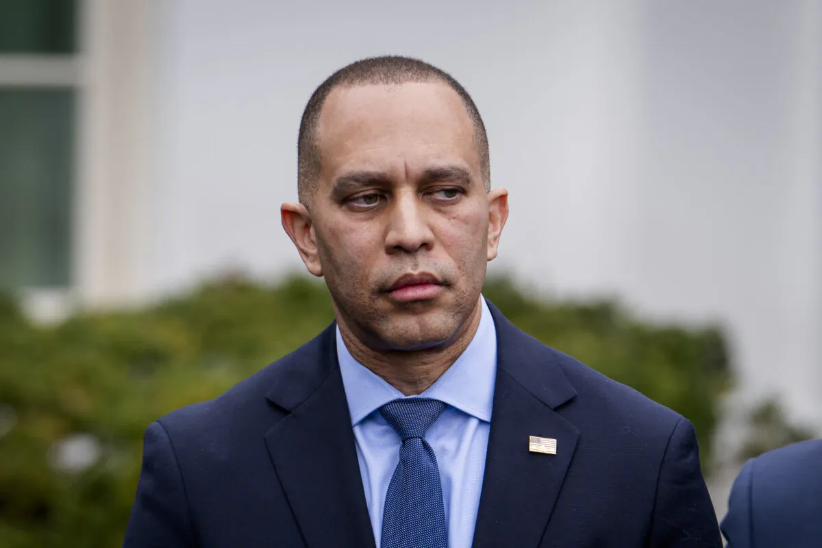 House Minority Leader Rep. Hakeem Jeffries (D-N.Y.) speaks to the press after meeting with President Joe Biden and other congressional leaders at the White House in Washington on Feb. 27, 2024. (Madalina Vasiliu/The Epoch Times)