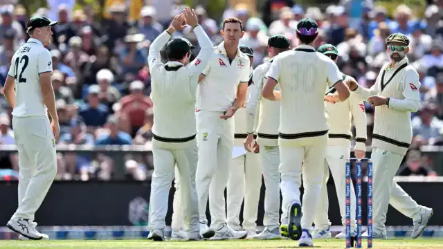 Josh Hazlewood took five wickets in the first innings versus New Zealand at the Hagley Oval in Christchurch, New Zealand on March 8, 2024. (Sanka Vidanagama/AFP via Getty Images)