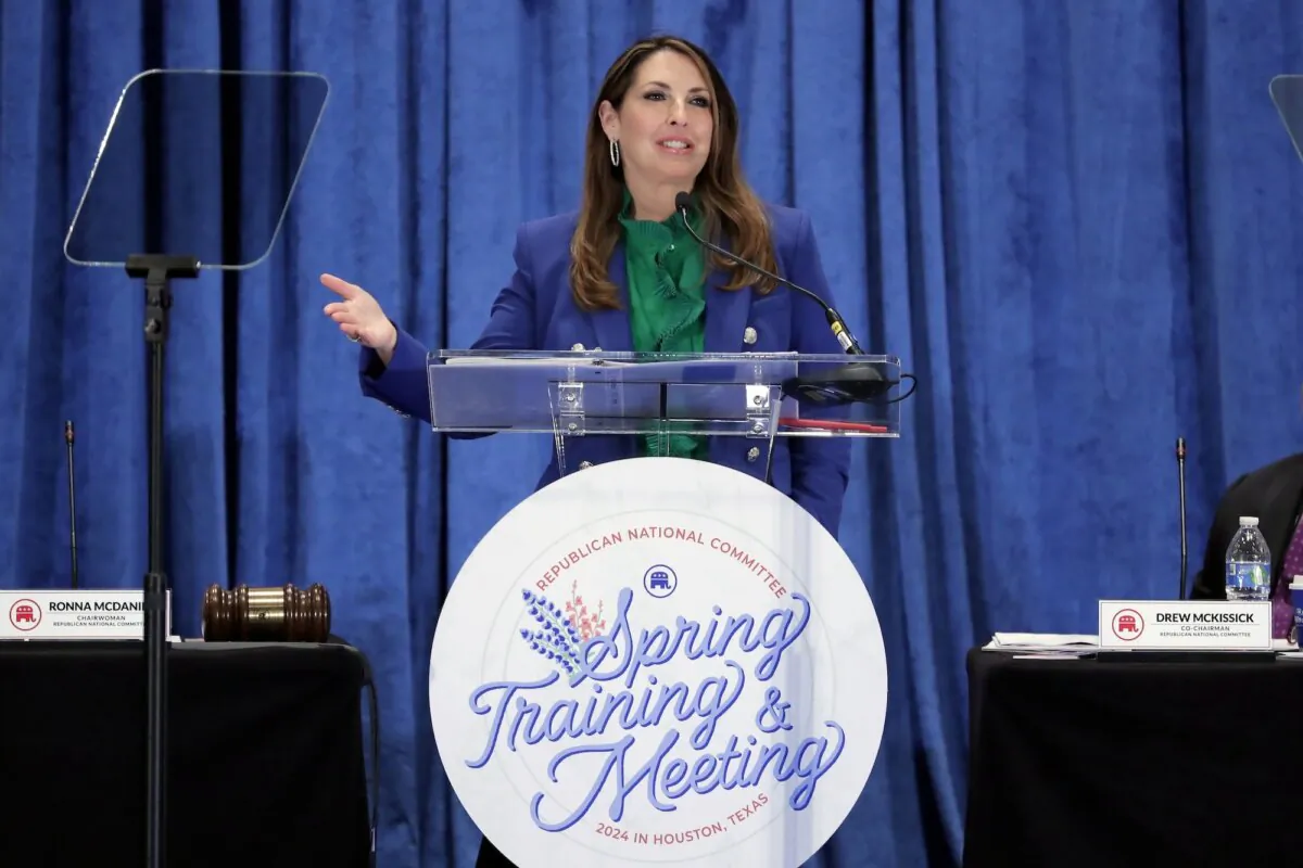 Ronna McDaniel, the outgoing Republican National Committee chairwoman, gives her last speech in the position at the general session of the RNC Spring Meeting in Houston, Texas, on March 8, 2024. (Michael Wyke/AP Photo)