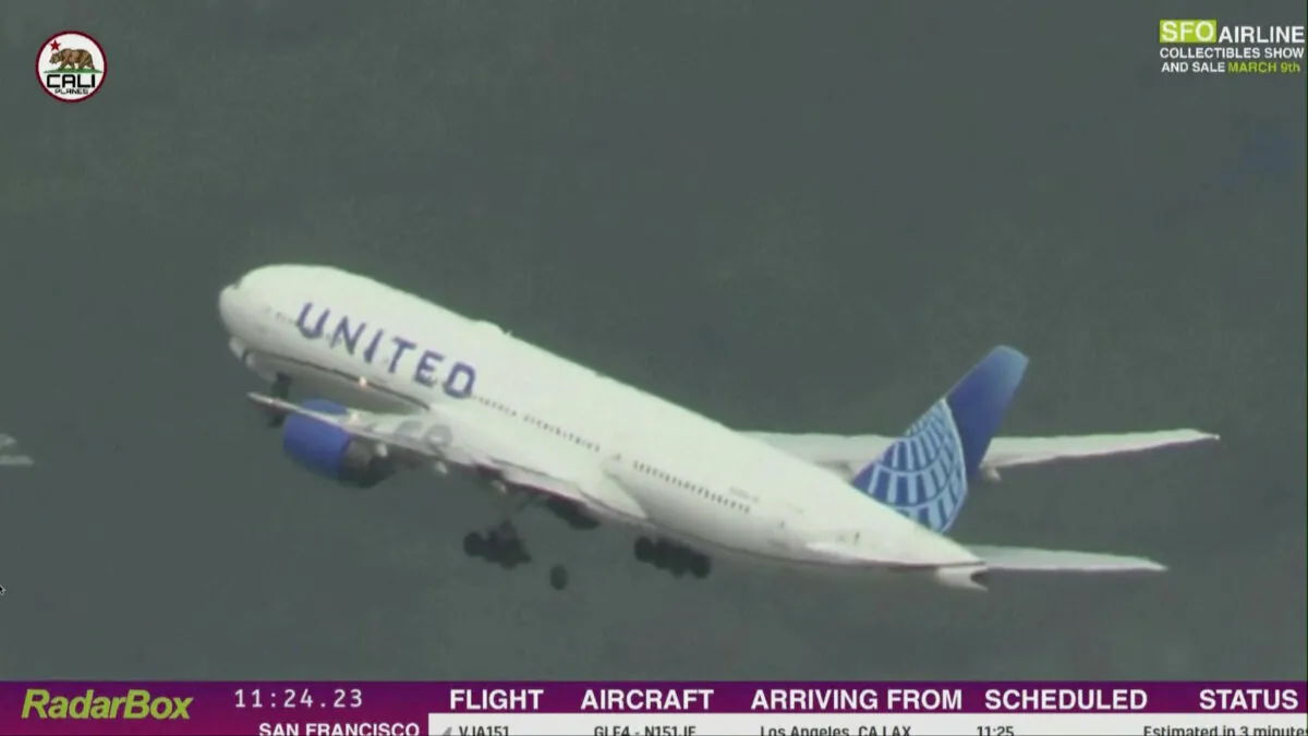 A United Airlines Boeing 777 bound for Japan loses a tire as it takes off from San Francisco International Airport on March 7, 2024. (Cali Planes via AP)
