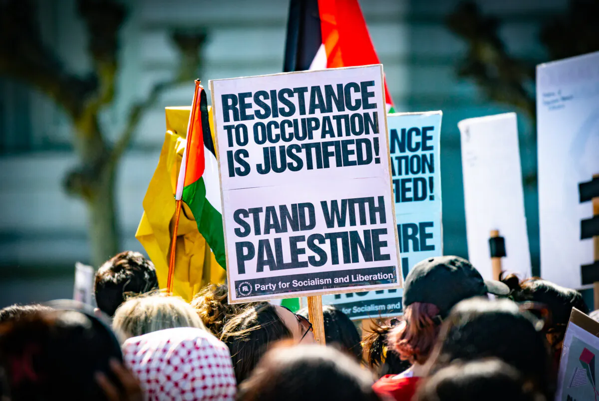 Protesters gather to support the Palestinians in front of the city hall in San Francisco on March 8, 2024. (John Fredricks/The Epoch Times)