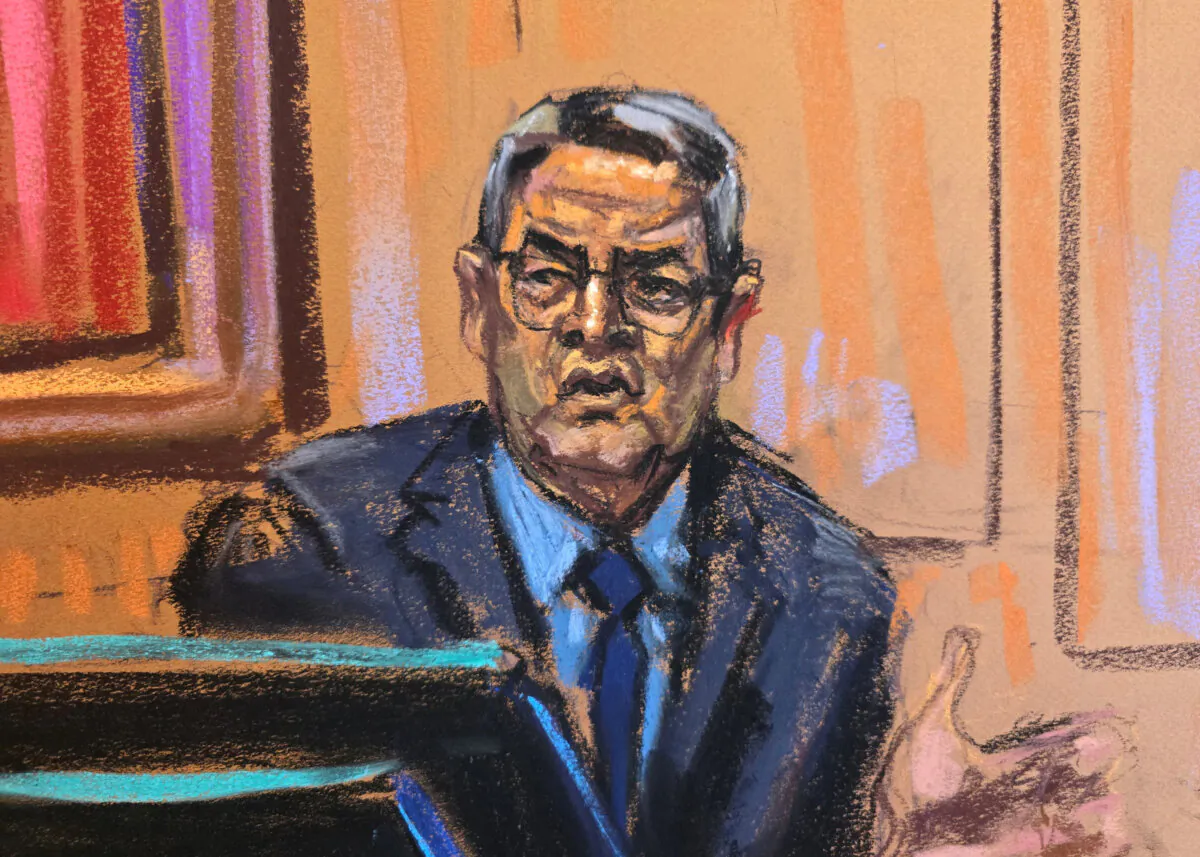 Former Honduras President Juan Orlando Hernandez testifies during his trial on U.S. drug trafficking charges in federal court in the Manhattan borough of New York City on March 6, 2024 in this courtroom sketch. (Jane Rosenberg/Reuters)