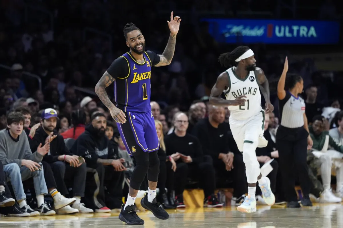 Los Angeles Lakers guard D'Angelo Russell (1) celebrates his basket against the Milwaukee Bucks during the second half of an NBA basketball game in Los Angeles on March 8, 2024. (Jae C. Hong/AP Photo)