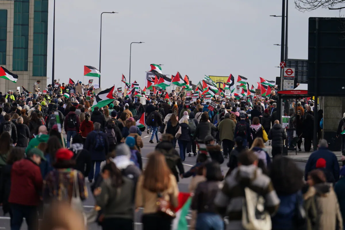 People take part in a pro-Palestine march in central London on March 9, 2024. (Jordan Pettitt/PA Wire)