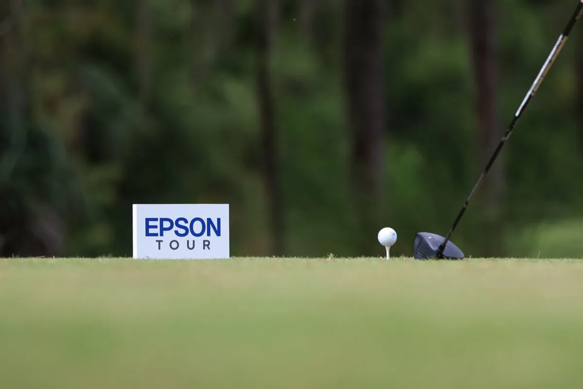 Player prepares to hit her tee shot at the 18th hole during the third round of the Epson Tour Championship at LPGA International in Daytona Beach, Fla., on Oct. 7, 2023. (Isaiah Vazquez/Getty Images)
