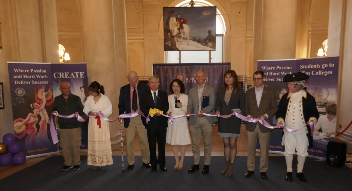 The ribbon cutting ceremony at the HSArts exhibit at the San Francisco War Memorial Veterans Building in San Francisco on March 8, 2024. (Steve Ispas/The Epoch Times)